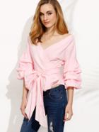 Romwe Pink Pleated Bell Sleeve Bow Tie Waist Blouse