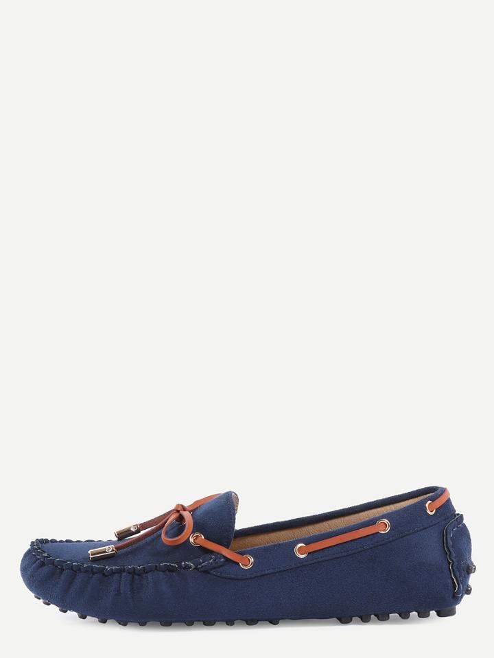 Romwe Faux Suede Contrast Bow Tie Loafers - Dark Blue