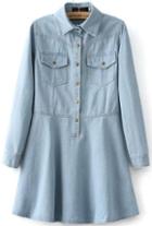 Romwe Light Blue Lapel Denim Flare Dress