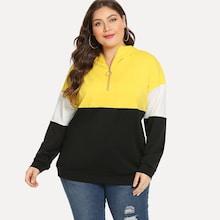 Romwe Plus Zip Front Colorblock Hoodie