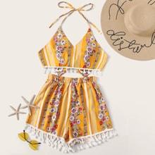 Romwe Tribal Fringe Hem Tie Back Halter Top With Shorts