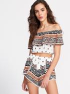 Romwe Multicolor Vintage Print Off The Shoulder Ruffle Top With Wrap Shorts