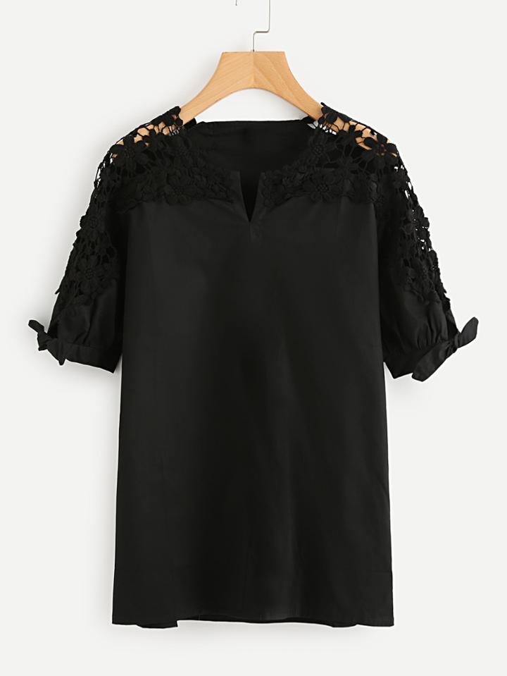 Romwe Hollow Out Crochet Panel V Cut Tie Cuff Blouse