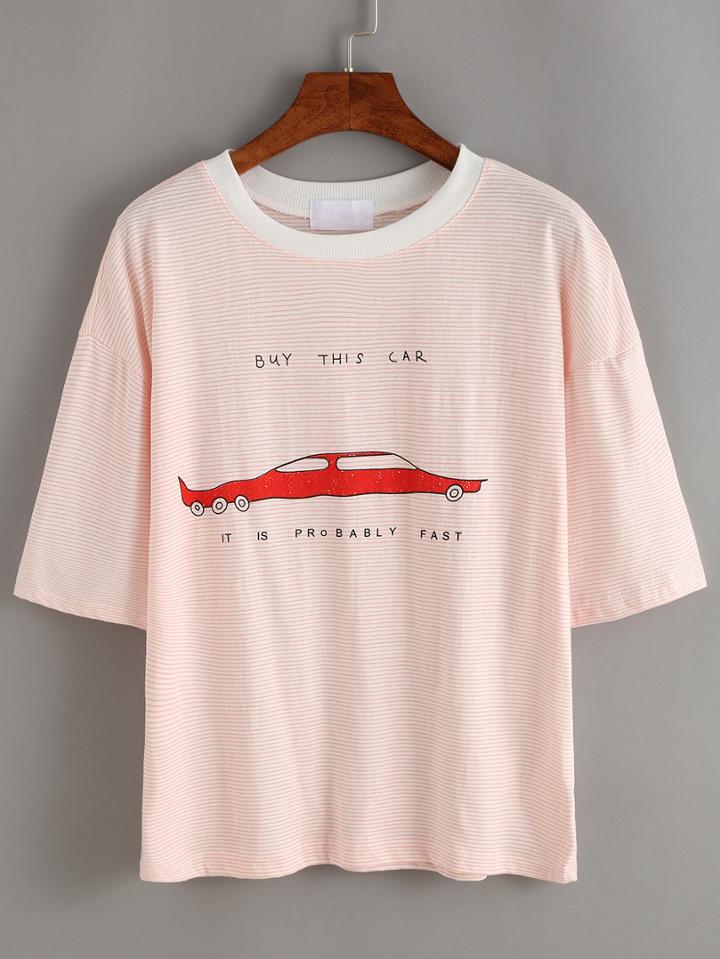 Romwe Striped Red Car Print T-shirt