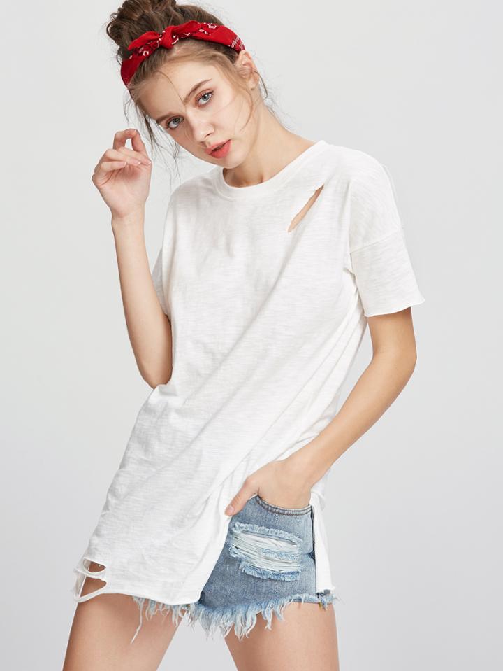 Romwe White Ripped Slit Side T-shirt
