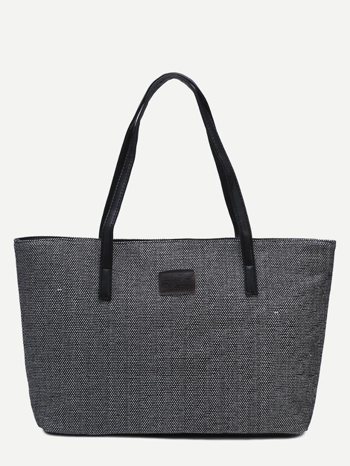 Romwe Black Zip Closure Linen Tote Bag