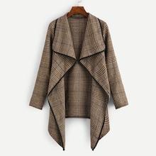 Romwe Tartan Plaid Waterfall Neck Coat