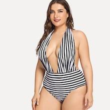 Romwe Plus Open Back Striped Swimsuit