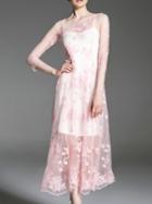 Romwe Pink Sheer Gauze Embroidered A-line Dress