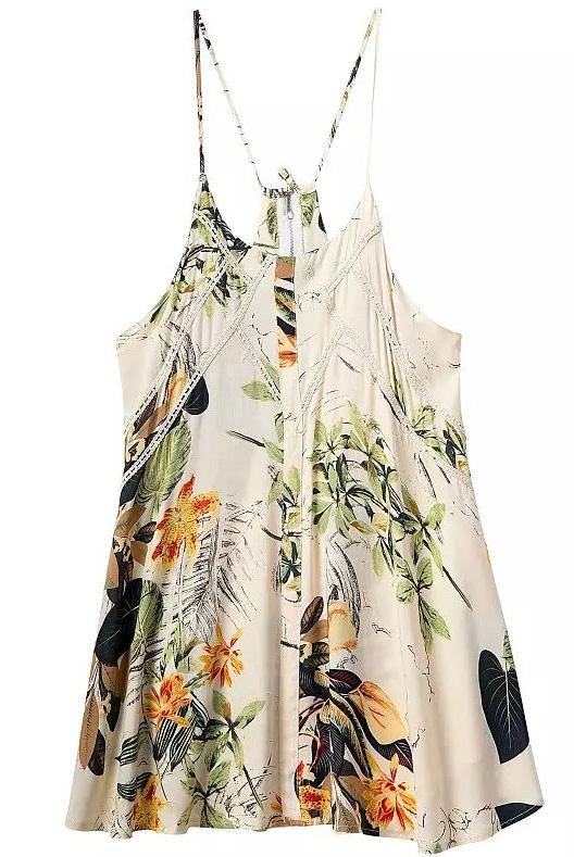 Romwe Apricot Spaghetti Strap Leaves Print Lace Dress