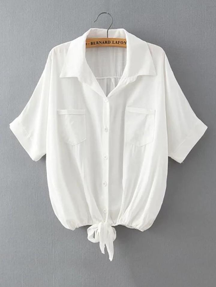 Romwe Elbow Sleeve Knot Hem Blouse