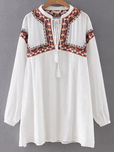 Romwe White Tie Neck Embroidery Shift Dress