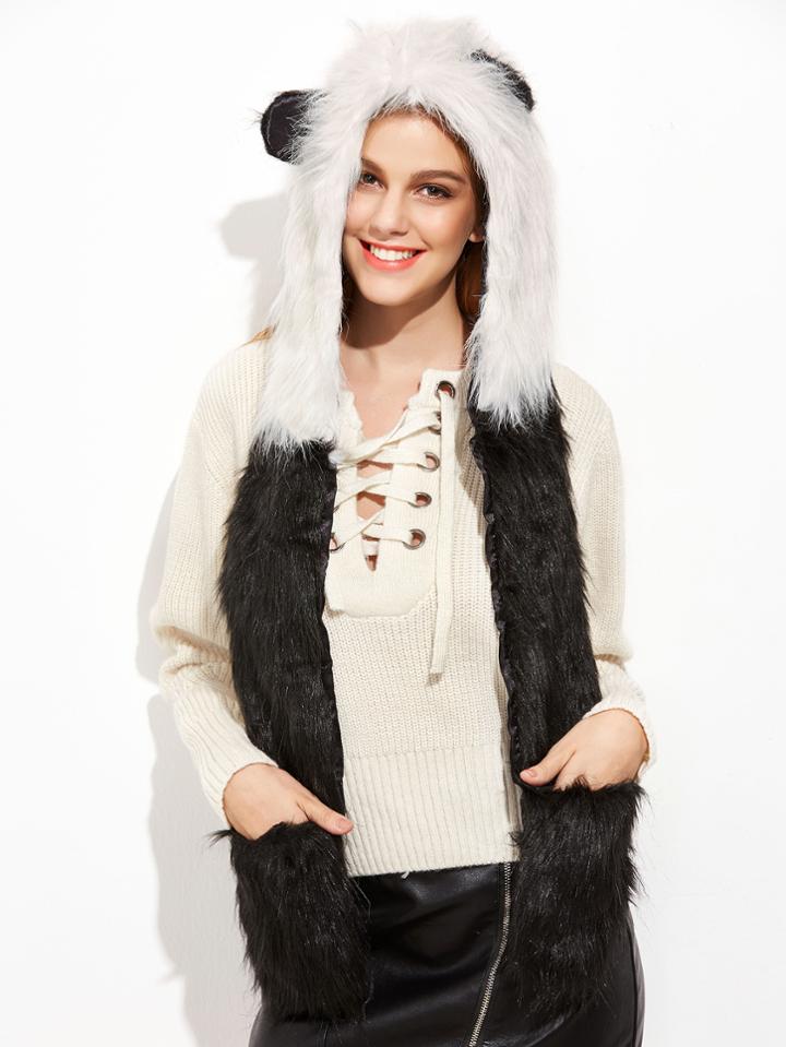 Romwe Black And White Panda Fluffy Hood Hat With Pockets