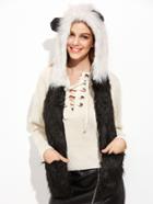 Romwe Black And White Panda Fluffy Hood Hat With Pockets