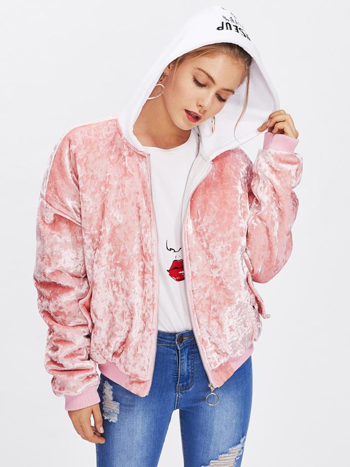 Romwe Slogan Embroidered Hooded Zip Up Velvet Jacket