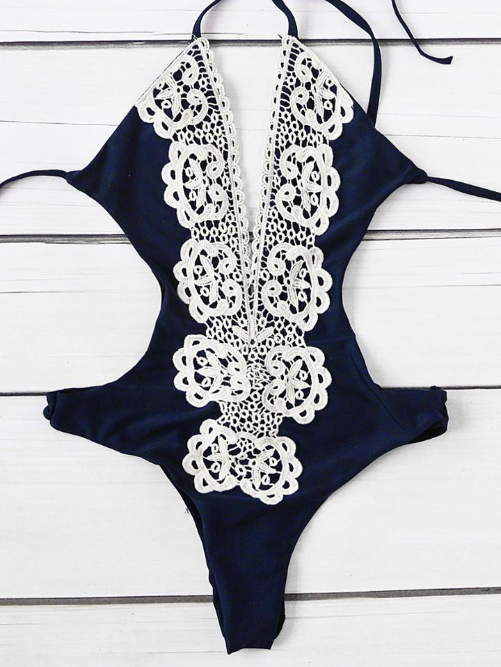 Romwe Contrast Lace Crochet Plunge Neck Monokini
