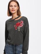 Romwe Flower Applique Cutout Neck Heathered Pullover
