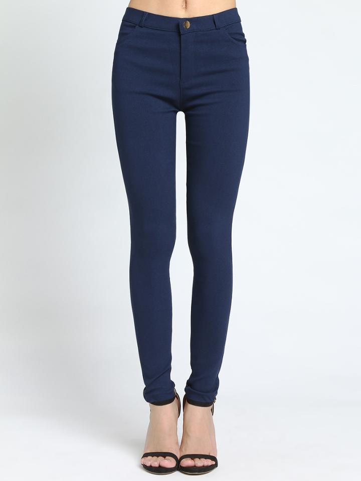 Romwe Button Skinny Blue Pant