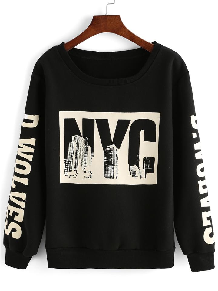 Romwe Black Round Neck Letters Print Loose Sweatshirt