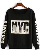 Romwe Black Round Neck Letters Print Loose Sweatshirt