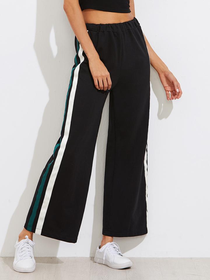 Romwe Striped Side Elastic Waist Wide Leg Pants