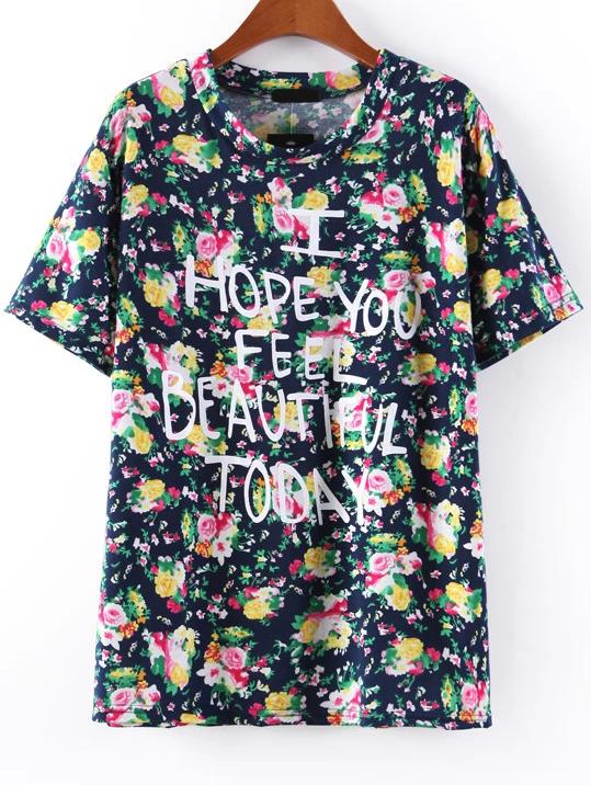 Romwe Floral Letters Print Navy T-shirt
