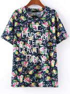 Romwe Floral Letters Print Navy T-shirt