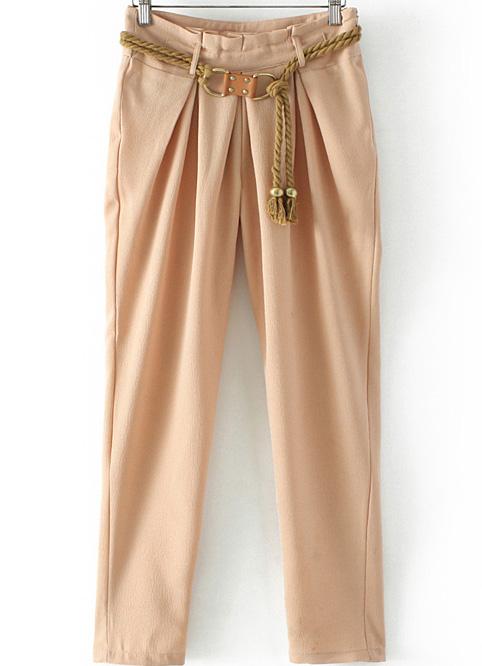 Romwe Pockets Belt Apricot Pant