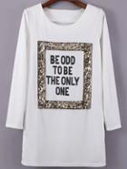 Romwe Sequined Letters Print White Dress