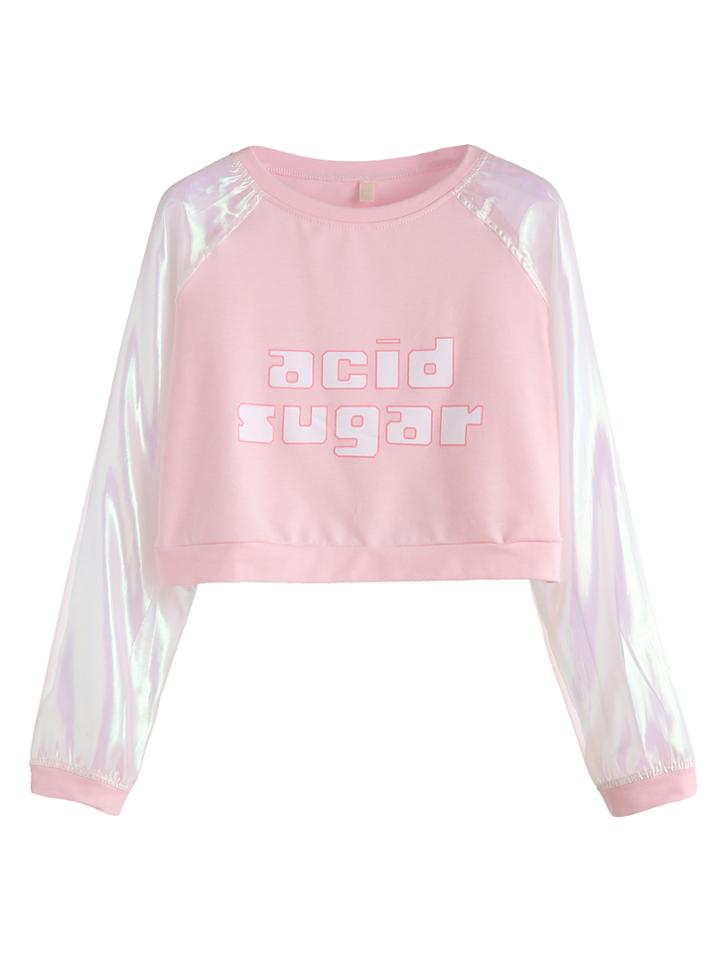 Romwe Pink Contrast Raglan Sleeve Letter Print Crop Sweatshirt