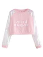 Romwe Pink Contrast Raglan Sleeve Letter Print Crop Sweatshirt