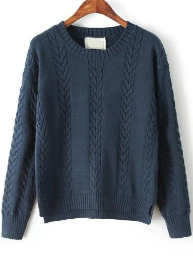 Romwe Cable Knit Split Navy Sweater
