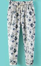 Romwe Elastic Waist With Pockets Florals White Pant