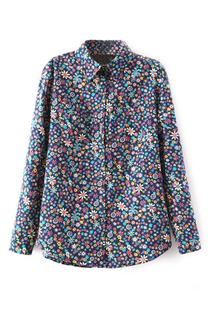 Romwe Blue Floral Print Asymmetric Shirt