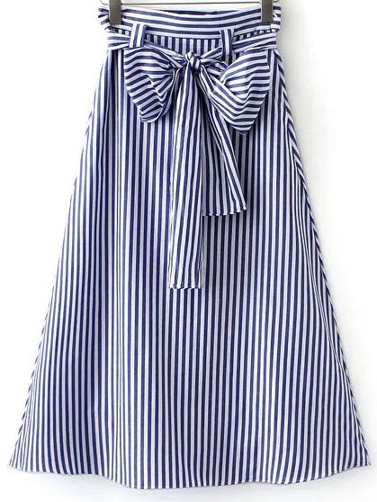 Romwe Blue White Stripe Zipper Side Tie-waist Bow Long Skirt