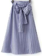 Romwe Blue White Stripe Zipper Side Tie-waist Bow Long Skirt