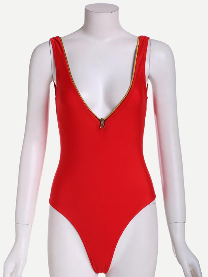 Romwe Red Zip Deep V Neck One Piece Swimwear