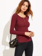 Romwe Burgundy Ribbed Knit T-shirt With Button