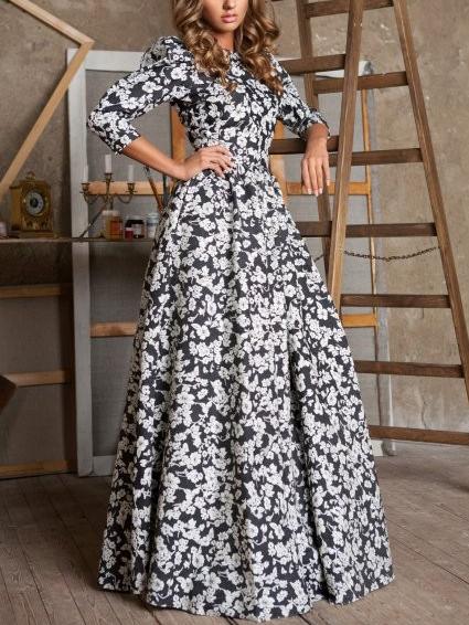 Romwe Crew Neck Vintage Print Maxi Flare Dress