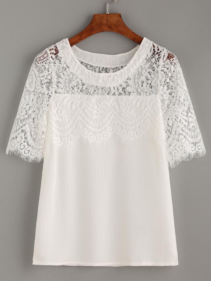 Romwe White Lace Insert Blouse
