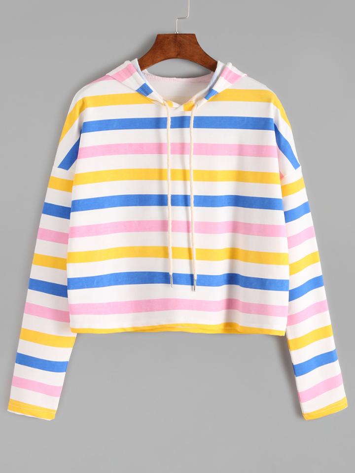 Romwe Multi Striped Drop Shoulder Crop Hooded Sweatshirt