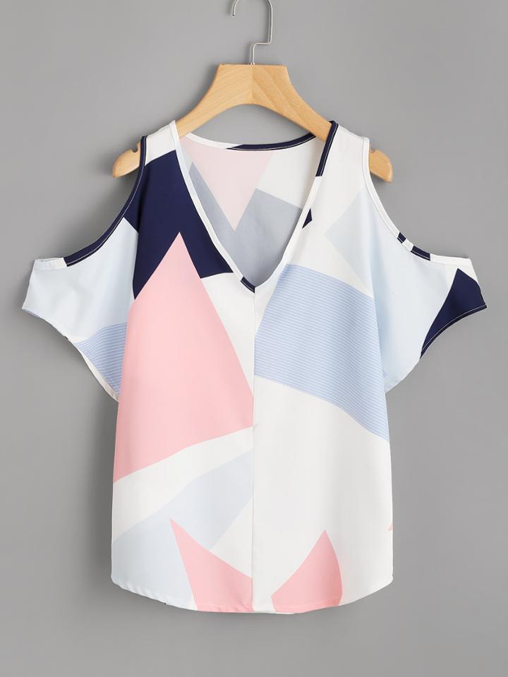 Romwe V Neckline Open Shoulder Geo Print Top