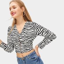 Romwe Zebra Print Single Breasted Crop Blouse