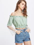 Romwe Green Off The Shoulder Contrast Mesh Crop Top