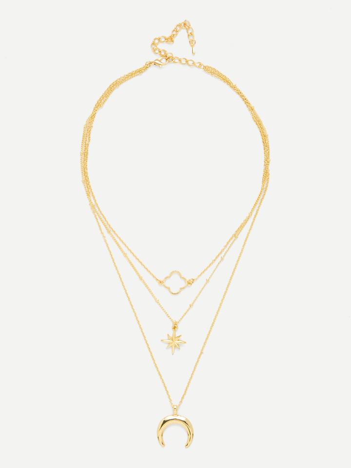 Romwe Moon & Flower Pendant Link Layered Necklace