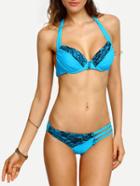 Romwe Lace Insert Asymmetric Strappy Bikini Set