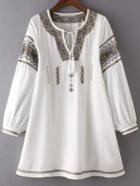 Romwe V Neck Lace Up Embroidered White Dress