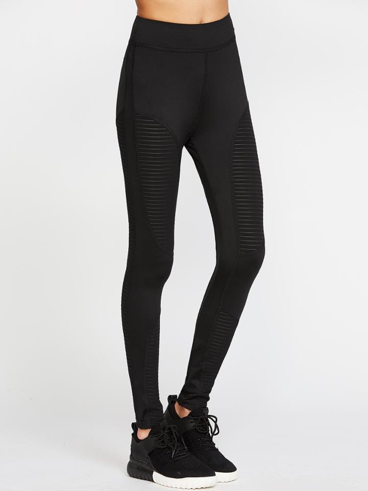 Romwe Black Striped Mesh Insert Leggings