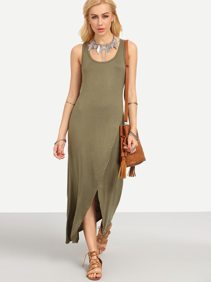 Romwe Olive Green Wrap Racerback Tank Dress
