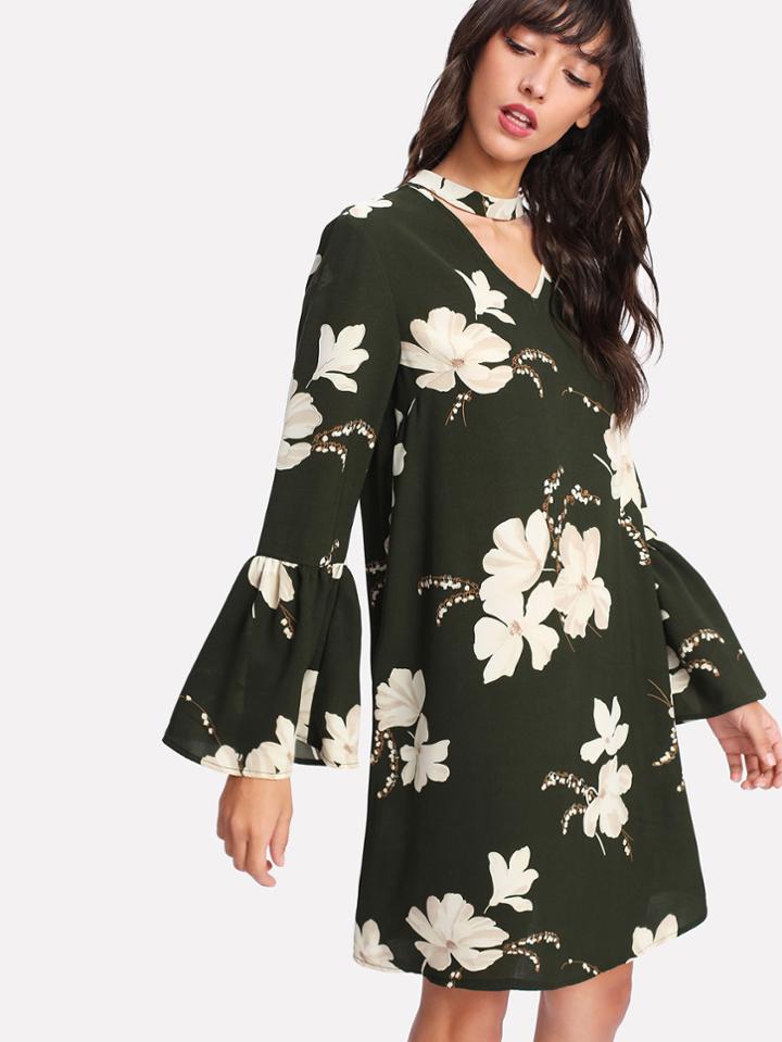 Romwe Choker Neck Flounce Sleeve Dress